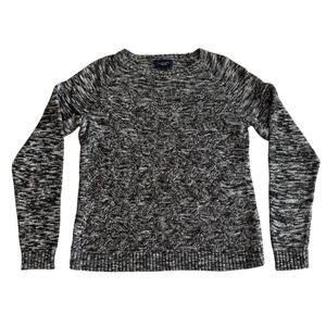 Lands End BLK GRY Marled Drifter Sweater Soft Cotton BasketWeave Knit Crewneck L